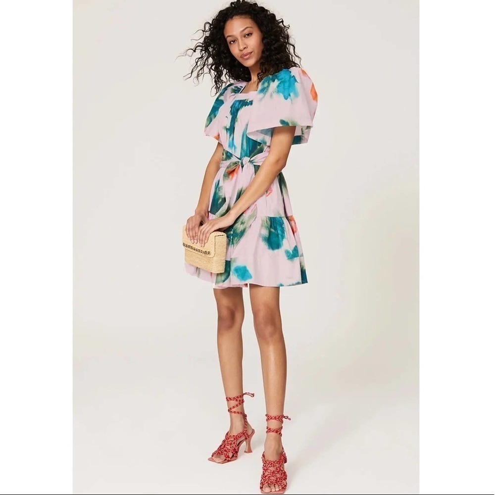 Tanya Taylor Serena puff sleeve tropical tiered mini dress